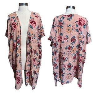 Angie Boho Pink Floral Open Front Longline Short Sleeve Summery Duster Top M